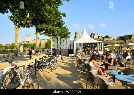 Frankreich, Maine et Loire, Angers, der Binnenhafen und das Schloss der Herzöge von Anjou, Saint-Maurice-Kathedrale im Hintergrund Stockfoto