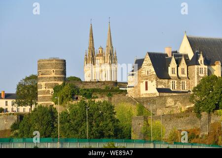 Frankreich, Maine et Loire, Angers, Maine Ufer, das Schloss der Herzöge von Anjou und Saint Maurice Kathedrale im Hintergrund Stockfoto