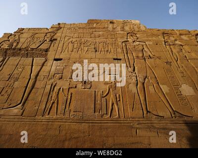 Ägypten, Ägypten, das Niltal, Flachrelief in Kom Ombo Tempel, der dem Krokodil - vorangegangen Gott Sobek geweiht Stockfoto