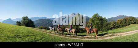 Frankreich, Haute Savoie, Mieussy, Reiten entlang der Giffre aus Sommand, Panoramaaussicht in den Wiesen des Jourdy und die Berge von Mole (1863 m) Stockfoto