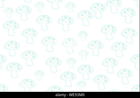 Nahtlose Muster mit Champignons in Pastell-blaue Farbe auf weißem Hintergrund für perfekte Verpackung Papier, Kinder Hintergründe oder Mode. Adorable Brei Stockfoto