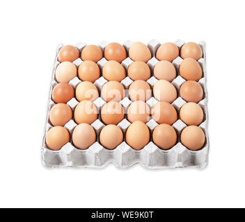 Huhn Eier im Karton auf weißem Hintergrund, Ansicht von oben. Stockfoto