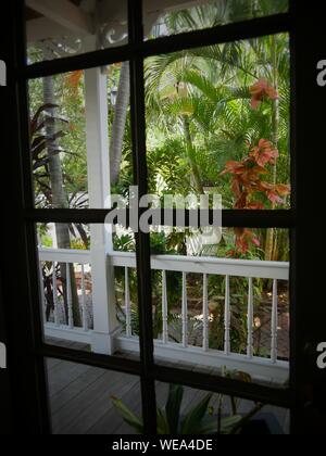 Glas Fenster mit Blick auf ein Holzhaus mit Blick auf den Garten Stockfoto