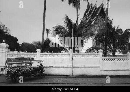 Luang Prabang Royal Palace Museum Wand und Hor Prabang Temple Hall versteckt hinter Kokosnuss Baum mit Tuk Tuk Park an der Wand Seite - Schwarz und Weiß Stockfoto