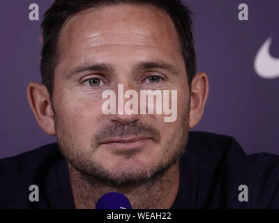 Cobham, Surrey, Großbritannien. ,. Frank Lampard Chelsea Football Club Manager die Medien über Chelsea Premier League Spiel gegen Sheffield United FC an der Stamford Bridge am Samstag. 31 st. August, 2019 Credit: Motofoto/Alamy leben Nachrichten Stockfoto