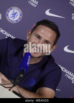 Cobham, Großbritannien. 30 Aug, 2019. Cobham, Surrey, UK.,. Frank Lampard Chelsea Football Club Manager die Medien über Chelsea Premier League Spiel gegen Sheffield United FC an der Stamford Bridge am Samstag. 31 st. August, 2019 Credit: Motofoto/Alamy leben Nachrichten Stockfoto