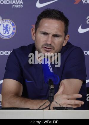 Cobham, Großbritannien. 30 Aug, 2019. Cobham, Surrey, UK.,. Frank Lampard Chelsea Football Club Manager die Medien über Chelsea Premier League Spiel gegen Sheffield United FC an der Stamford Bridge am Samstag. 31 st. August, 2019 Credit: Motofoto/Alamy leben Nachrichten Stockfoto