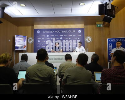 Cobham, Großbritannien. 30 Aug, 2019. Cobham, Surrey, UK.,. Frank Lampard Chelsea Football Club Manager die Medien über Chelsea Premier League Spiel gegen Sheffield United FC an der Stamford Bridge am Samstag. 31 st. August, 2019 Credit: Motofoto/Alamy leben Nachrichten Stockfoto