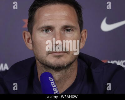 Cobham, Großbritannien. 30 Aug, 2019. Cobham, Surrey, UK.,. Frank Lampard Chelsea Football Club Manager die Medien über Chelsea Premier League Spiel gegen Sheffield United FC an der Stamford Bridge am Samstag. 31 st. August, 2019 Credit: Motofoto/Alamy leben Nachrichten Stockfoto