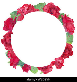 Aquarell von Hand gezeichnet rot Rosenblütenblätter und grüne Blätter, die im Rahmen der Vorlage auf weißem Hintergrund. Design für Einladungen, Feier gestaltet. Stockfoto
