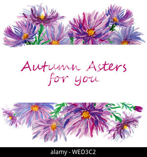 Aquarell Hand gezeichnet Herbst Blumen Astern in Grenzfällen auf weißem Hintergrund. Design für Einladungskarten, Feier Dekor, Jahreszeit bietet Stockfoto