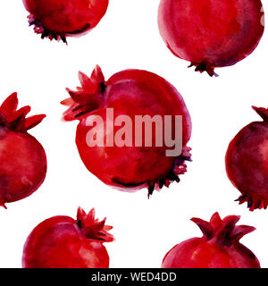 Aquarell Hand gezeichnet nahtlose Muster von frischem Obst - Granatapfel. Verschiedene Früchte auf weißem Hintergrund. Essen Thema für Küche Textil. Stockfoto