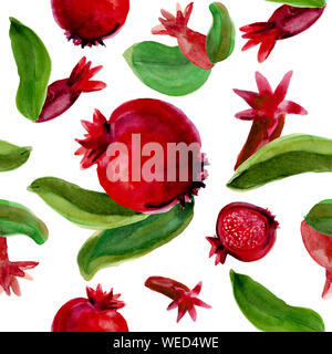 Aquarell nahtlose Muster von frischem Obst - Granatapfel. Früchte mit Blätter und Blumen auf weißem Hintergrund. Design für Hintergründe, Verpackung. Stockfoto