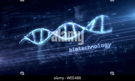 Biotechnologie DNA-Helix Hologramm. Modernes Konzept der Bioinformatik, der Wissenschaft, der Biologie, der Chemie und der Forschung auf blauem Hintergrund digital 3d illustratio Stockfoto