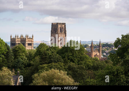 Historischen christlichen Kirche - gotische Architektur von Durham Kathedrale überragt Waldflächen in der Stadt in der Grafschaft Durham Durham North East England Stockfoto