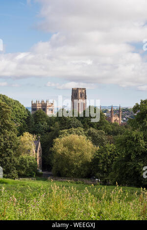 Historischen christlichen Kirche - gotische Architektur von Durham Kathedrale überragt Waldflächen in der Stadt in der Grafschaft Durham Durham North East England Stockfoto