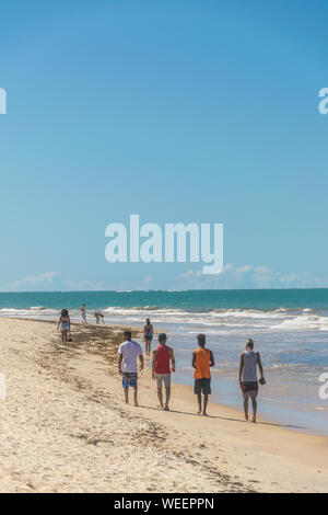 BAHIA, BRASILIEN - 27. Juni 2019: Gruppe von Männern gehen unter der Sonne im Sand voller Algen in der Nähe der blauen Meer von Trancoso, in Porto Seguro ein Fa Stockfoto