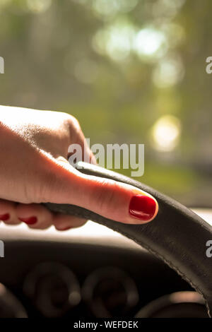 Frau, die ein Auto mit einer Hand am Lenkrad mit natürlichen Hintergrund seltene Fenster anzeigen. Selektive Weichzeichner. Text kopieren. Fahren Stockfoto