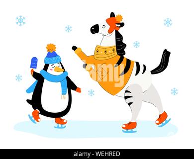 Zebra und Pinguin Skaten - flaches Design Illustration mit Zeichentrickfiguren auf weißem Hintergrund. Eine Komposition mit niedlichen Tiere im Winter clot Stock Vektor