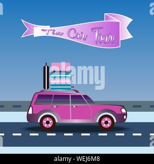 Auto Fahrten auf der Autobahn. Gepäck auf dem Dach. Banner mit Text - das Auto Tour. Anreise mit dem Auto auf und blauer Himmel. Reise um die Welt. Ferienhäuser Stock Vektor