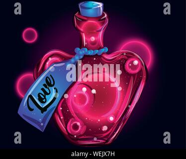 Liebe Flüssigkeit in einem jar-magic Gift Abbildung zum Valentinstag. Rezept für Anziehung in einer herzförmigen Flasche. Neon fantasy Licht. Stock Vektor