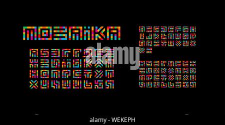 Mosaik Ukrainisch, Englisch und Russisch Alphabet. Labyrinth Typografie Design. Kreative Art style Vektor lateinischen Buchstaben von Plätzen. Stock Vektor