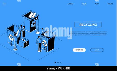 Recycling Design Stil isometrische Web Banner mit Kopie Platz für Text. Website Schneidwerk mit dem männlich, weiblich Zeichen Abfalltrennung, Plast ablegen Stock Vektor