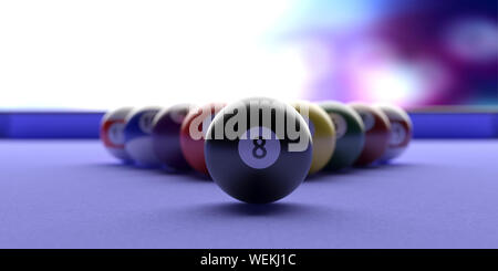 Cue ball, Billard. Pool Kugeln in einer Dreiecksform, blaue Farbe, Detailansicht. 3D-Darstellung Stockfoto