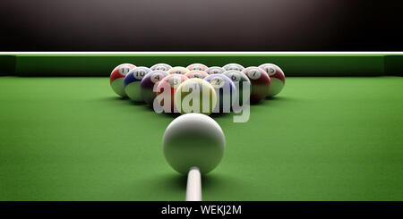 Cue ball, Billard. Pool Kugeln in einem Dreieck Form und Stick auf grünem Filz, Detailansicht. 3D-Darstellung Stockfoto