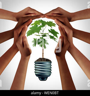 Konzept der Ökologie als diverse Hände halten eine grüne Pflanze als Idee einer vielfältigen Gesellschaft Umweltschutz als von der Umwelt geprägt. Stockfoto