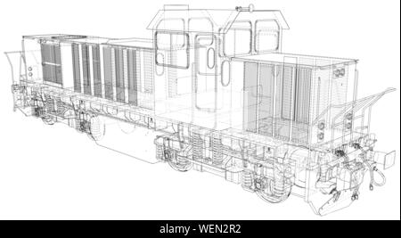 Lokomotive technische wire-frame. Vektor Rendering von 3d. Stock Vektor
