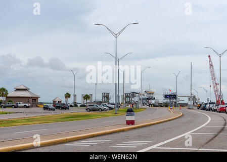 Nähert sich Bolivar Fährhafen nach Galveston, Texas, USA. Stockfoto