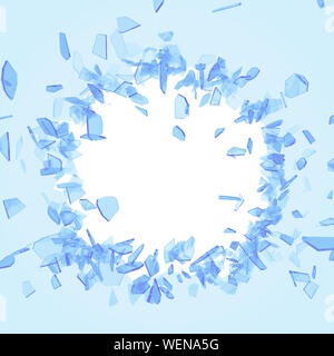 Zerbrochenes Glas von dem Schlag, Schuß auf weißem Hintergrund isoliert mit Platz für Ihren Text oder Bild. 3D-Darstellung Stockfoto