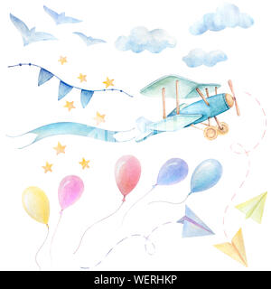 Baby Shower set Junge. Flugzeug fliegen mit Band. Bunte Luftballons, Himmel, Wolken, Papierflieger, Sterne, Vögel, Bänder. Cute Aquarell für Kinder. Weiß b Stockfoto