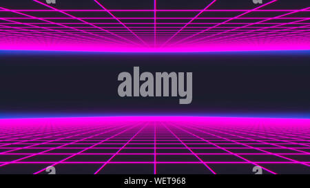 Retro-futuristischen Hintergrund im Stil der 80er Jahre. Digitale Landschaft in einem cyber Welt. 3D-Darstellung. Stockfoto