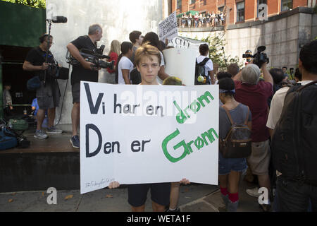 New York, New York, USA. 30 Aug, 2019. Sturm KLEIVA, 17, von Oslo, Norwegen, der vor Kurzem nach New York zog, erscheint bei Ralph Bunche Park während einer Stadtweiten Klima Streik in der Nähe der Vereinten Nationen in New York, New York. KLEIVA später später trat im März mit über zweihundert Klima Streikenden und Aktivisten, darunter der 16-jährige Schwedische Klimagerechtigkeit Aktivistin Greta Thunberg bei den Vereinten Nationen. Credit: Brian Zweig Preis/ZUMA Draht/Alamy leben Nachrichten Stockfoto