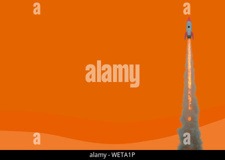 Mit Raketen Modell weg gegen gelben Hintergrund. Konzept der Projekt starten im Geschäft. 3D-Rendering, Mock up. Stockfoto