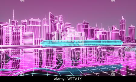 Die futuristische neon Night city, der Zugverkehr auf der Eisenbahnbrücke. 3D-Darstellung. Stockfoto