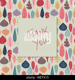 Vielen Dank Hinweis mit Herbst abstrakte doodle Blätter Hintergrund. Danksagung Karte skandinavischen Stil mit Muster. Rot Rosa Blau Gold leaf Element Stock Vektor