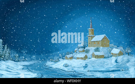 Romantische digitale Malerei der schneereiche Winter Weihnachten Landschaft. Dorf mit kleinen Kirche auf dem Hügel und fallende Schneeflocken. Horizontale blaue Bild. Stockfoto