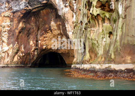 Eingang einer Höhle nur von Meer in Rock reich an Grün und die rötliche Farbe mit seltsamen Struktur gelegt. Island, Vestmannaeyjar. Stockfoto