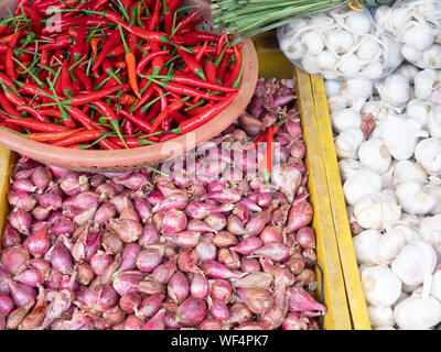 Köpfe von Knoblauch, Zwiebel rot setzt, und Thai chilis für den Verkauf in einem Markt in Hoi an Vietnam. Stockfoto