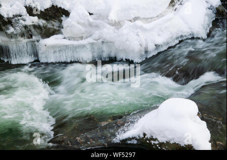 Schneebedeckte Bäume über Goldbrook Bach mitten im Winter, Stowe, Vermont, USA Stockfoto