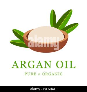 Arganöl Hautpflege Kosmetik. Argan Samen, für die Herstellung von Öl. Sehr nahrhaft für Haut und Haare. Packaging Design Template und Emblem. Stock Vektor