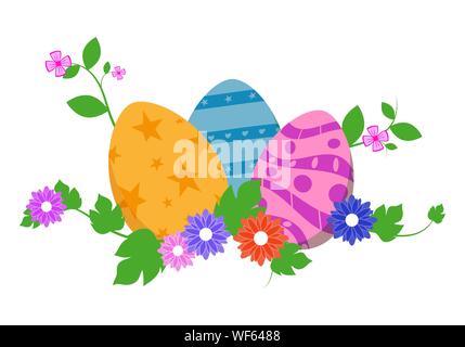 Ostereier im grünen Gras mit Blumen, auf weißem Hintergrund. Vector Illustration. Stock Vektor