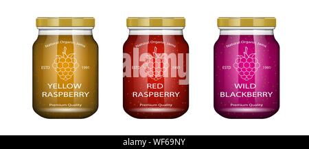 Glas Glas mit Marmelade und Konfigurieren mit Himbeere. Vector Illustration. Verpackung Sammlung. Etikett für Marmelade. Bank realistisch. Mock up Glas Glas mit Stock Vektor