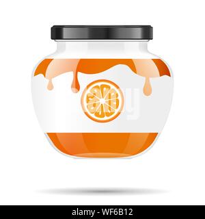 Glas Glas mit Marmelade und konfigurieren Sie mit Orange. Vector Illustration. Verpackung Sammlung. Etikett für Marmelade. Bank realistisch. Mock up Glas Glas mit Design Stock Vektor