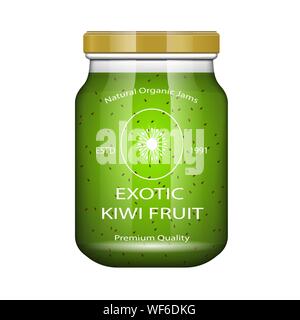 Stau Kiwi. Glas Glas mit Marmelade und konfigurieren. Vector Illustration. Verpackung Sammlung. Etikett für Marmelade. Bank realistisch. Mock up Glas Glas mit Design Stock Vektor