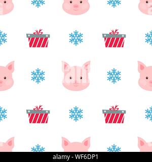 Weihnachtskarte. Portrait von rosa Schwein mit Geschenkbox, Schneeflocke. Lustige cartoon Gesicht von einem Schwein. Spaß Tiere nahtlose Muster. Vector Illustration. Stock Vektor