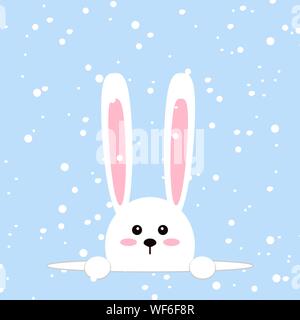 Weiße Ostern Kaninchen. Funny Bunny im flachen Stil. Osterhasen. Auf blue Winter Hintergrund, fallende Schneeflocken. Vector Illustration. Stock Vektor